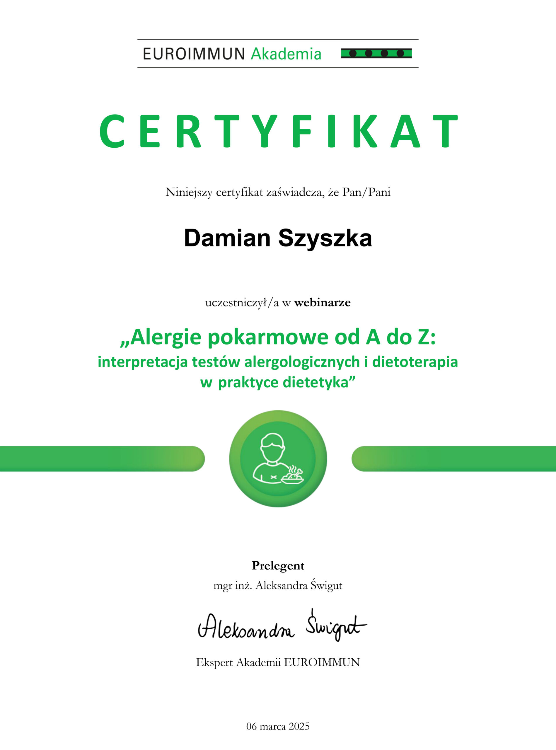Certyfikat alergie pokarmowe