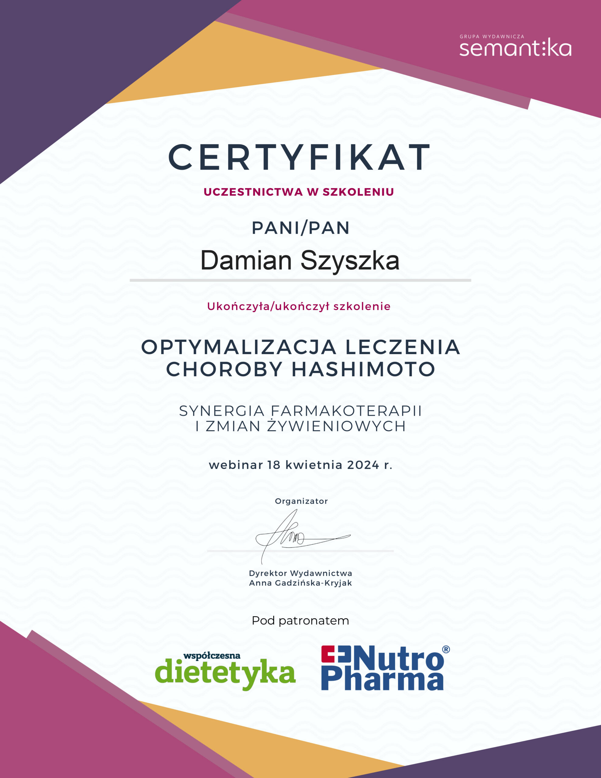 Certyfikat optymalizacja leczenia choroby hashimoto