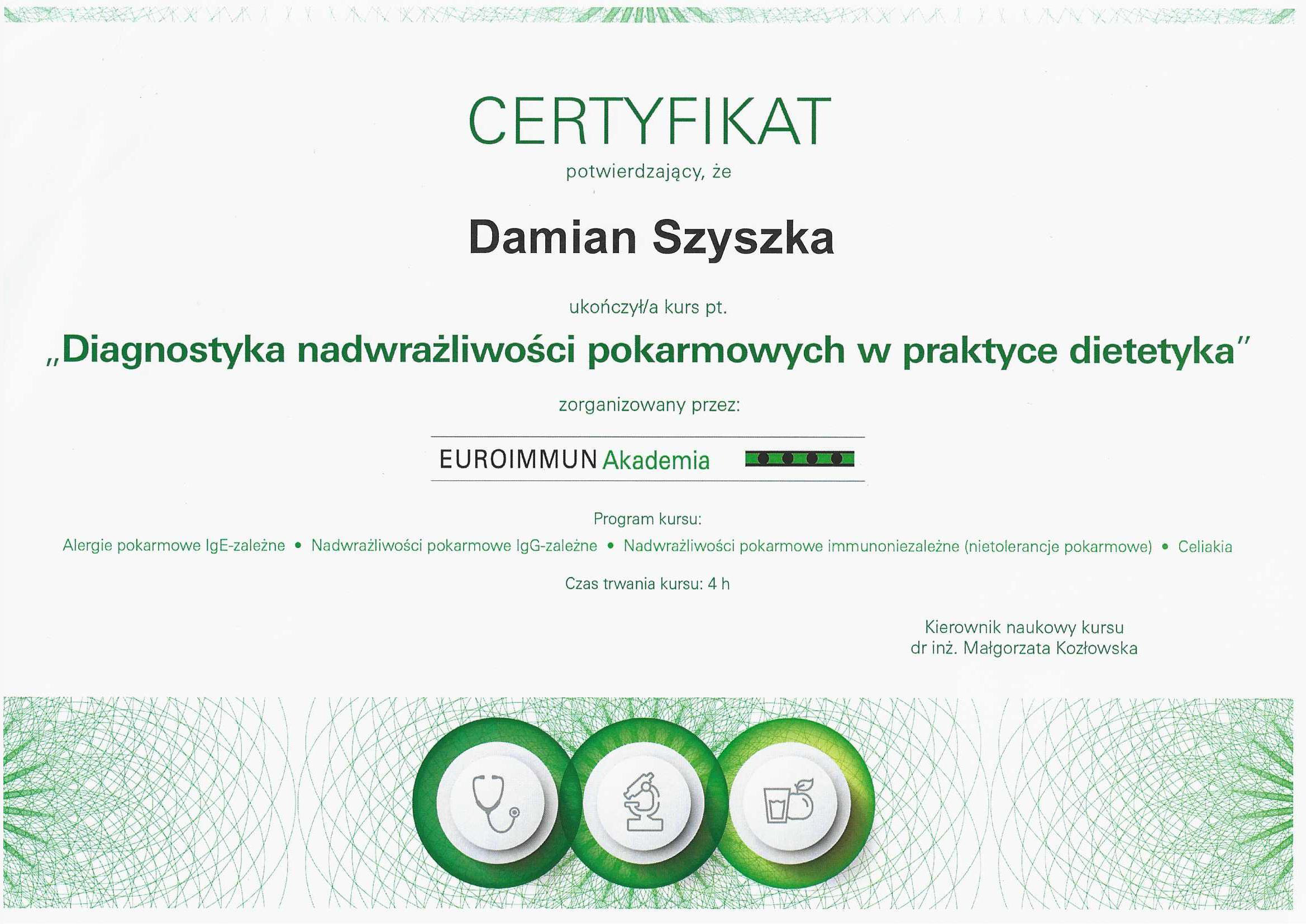 Certyfikat diagnostyka nadwrażliwości pokarmowych