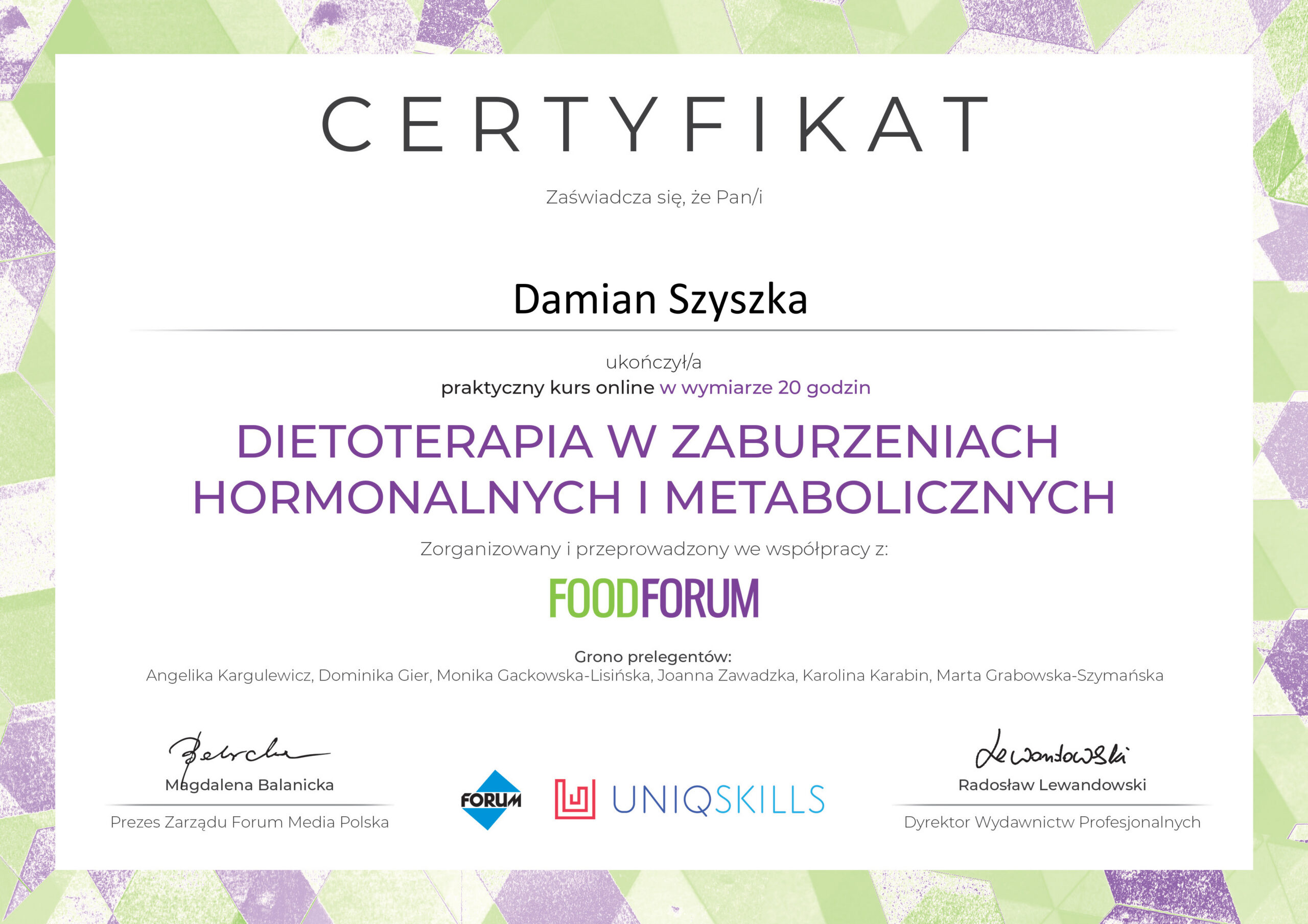 Certyfikat dietoterapia w zaburzeniach hormonalnych i metabolicznych